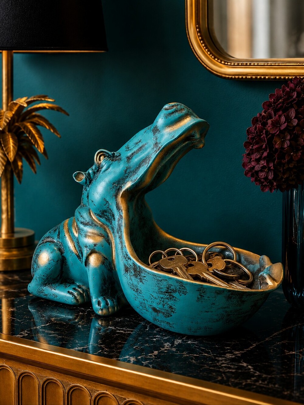 Large Turquoise Hippo Candy Dish Bowl | Teal and Gold Hippopotamus Key Bowl